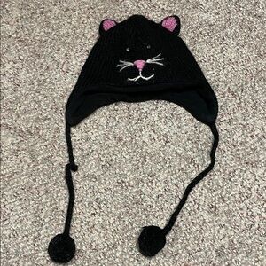 De Lux Black wool Cat face fleece lined Hat with Pom strings